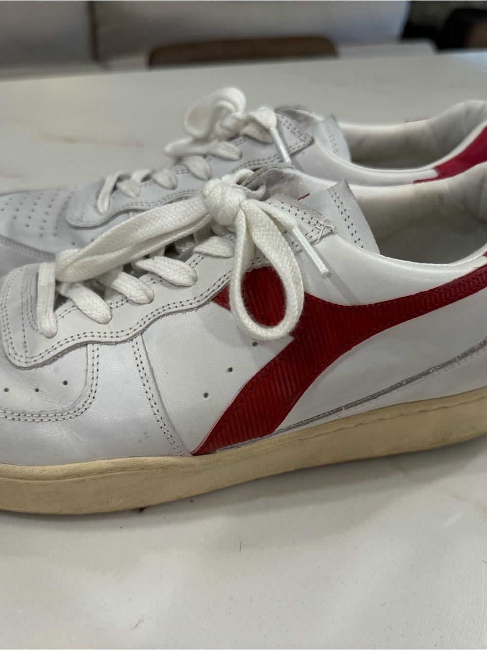 Diadora White Leather Sneakers with Red Side Stripe